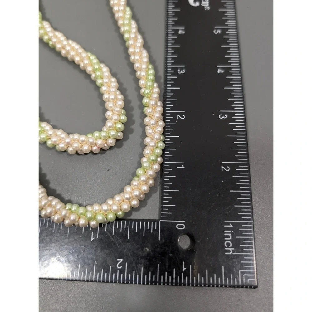 Vintage Green Cream Cluster Woven Faux Pearl Layering Long Necklace‎ 42 in